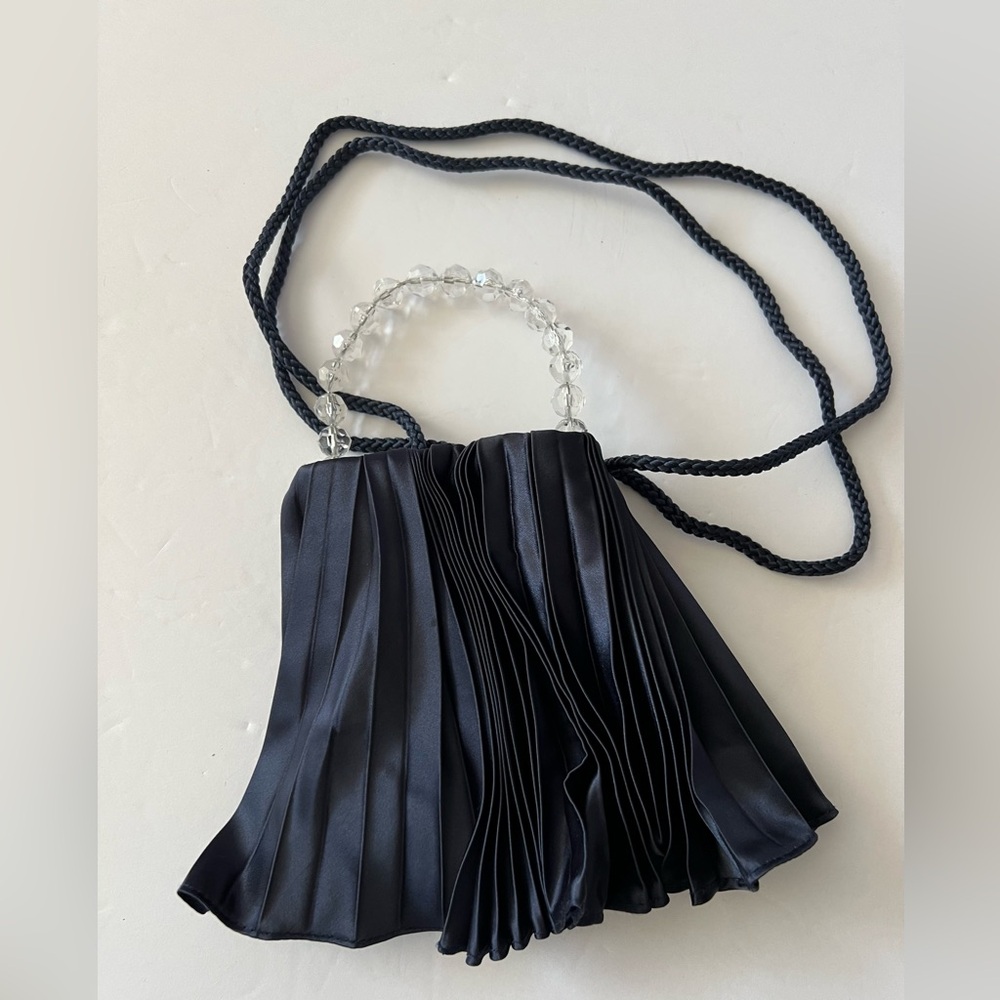 La Regale LTD- Vintage Blue Pleated Satin Clear Beaded Handle Evening Purse